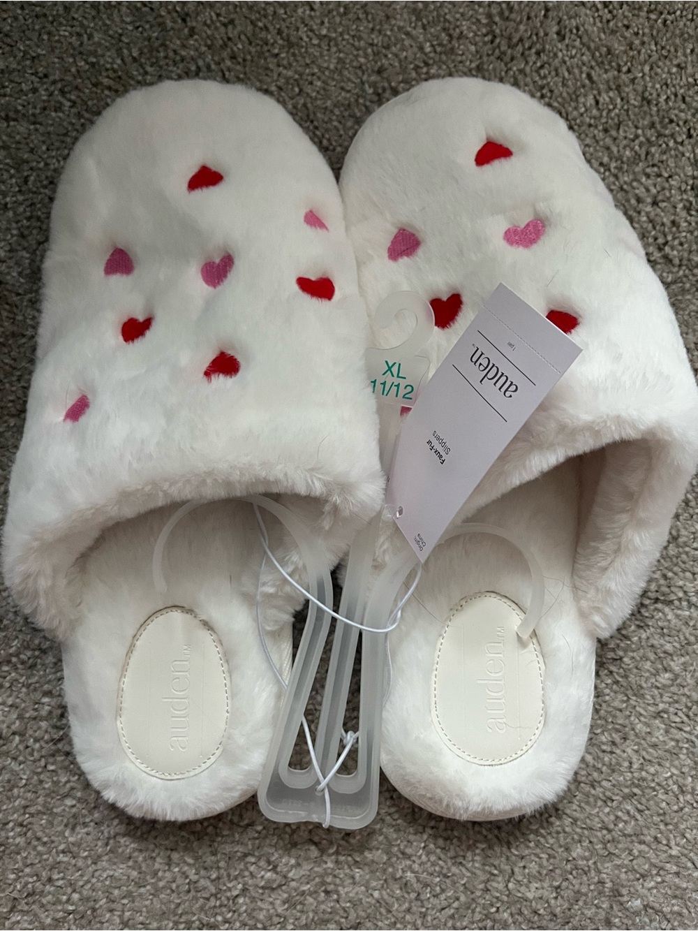 Target Auden Plush White Slippers with Pink & Red Heart Accents